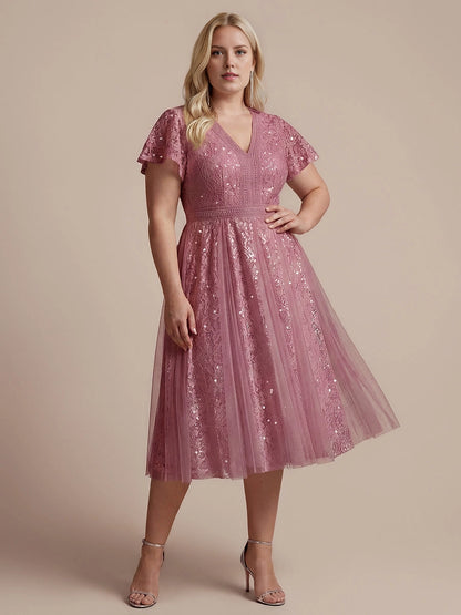 A-Line V Neck Flutter Sleeve Back Zipper Midi Length Plus Size Sequin Lace Wedding Guest Dress