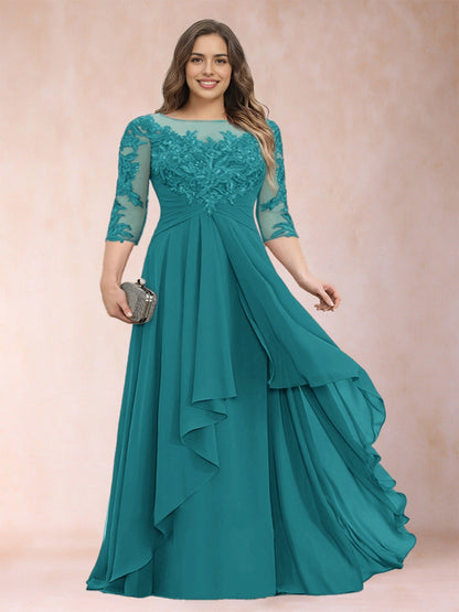 Dark Grey A Line Illusion Round Neck 3/4 Sleeve Sheer Lace Back Floor Length Plus Size Mother Of The Bride Dress