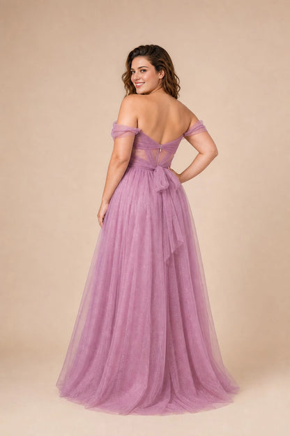 Dreamy A Line Off Shoulder V Back Bow Zipper Back Plus Size Glitter Tulle Maxi Prom Dress