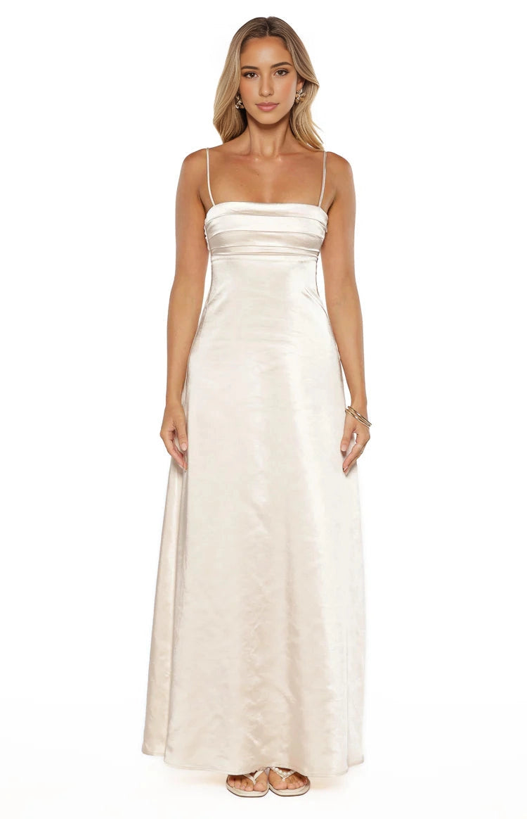 Ivory A-Line Square Neck Spaghetti Smocked Back Long Prom Dress