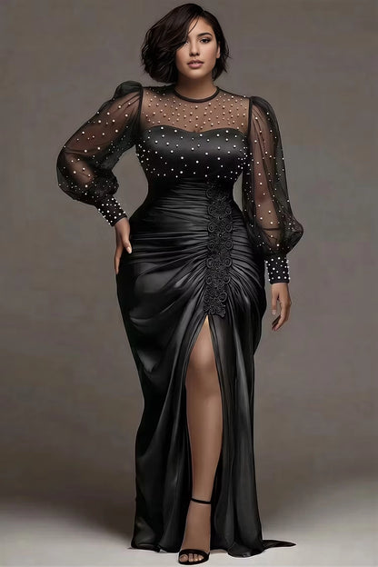 Roselledress White Mermaid High Neck Pearl Sheer Puff Sleeve Satin Slit Plus Size Prom Dress