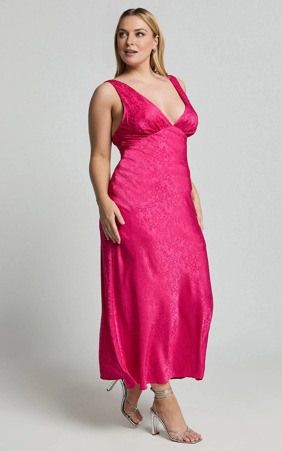 Satin Jacquard V Neck Sleeveless Cutout Back Midi Plus Size Wedding Guest Dress