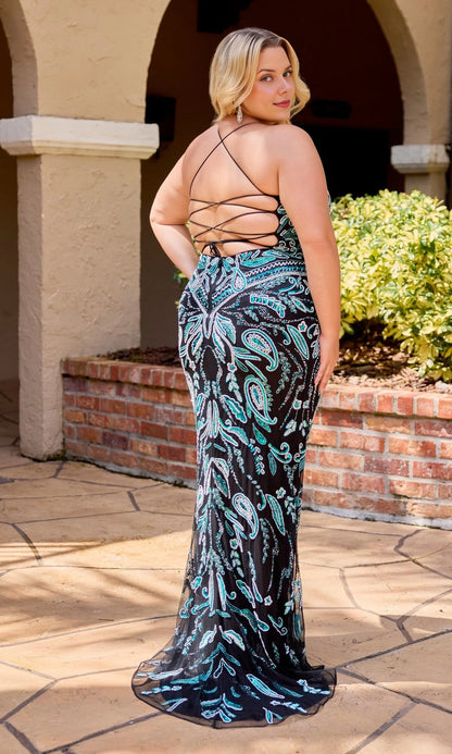 Mermaid Scoop Spaghetti Strap Criss-Cross Back Train Length Plus Size Beaded Tulle Wedding Guest Dress