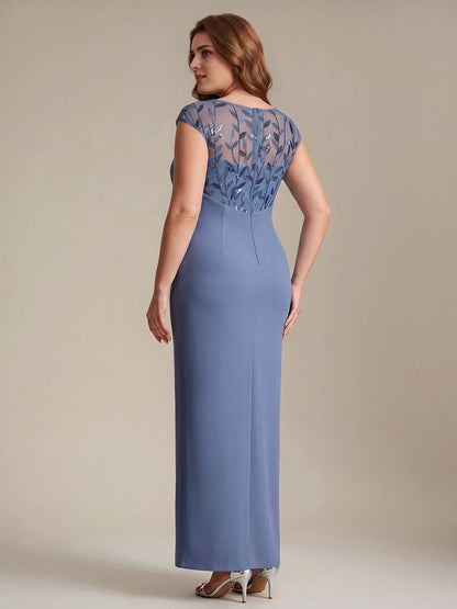 Roselledress Fitted Maxi Bateau Cap-Sleeve Mesh-Zip-Back Slit-Length Plus Size Weeding Guest Dress