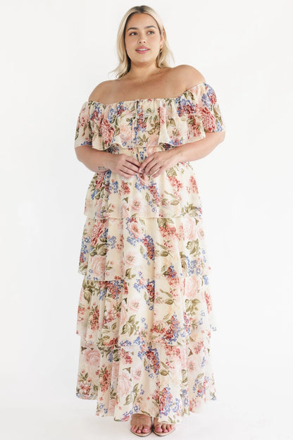 Roselledress cream floral plus size dress off shoulder ruffle tiered maxi front view