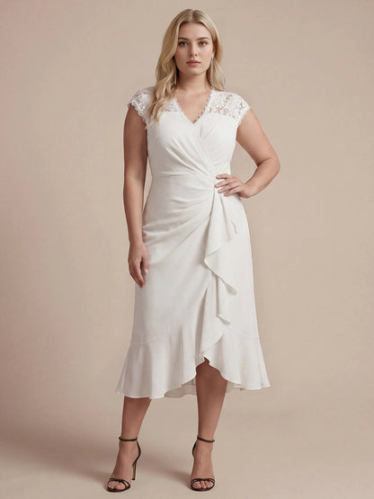 Roselledress Dusty Mauve Wrap V-Neck Lace Cap Sleeve Zip Back Midi Plus Size Weeding Guest Dress