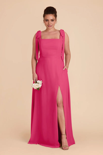 Flowy Chiffon A‑Line Square Neck Tie‑Strap Square‑Back Slit Maxi Plus Size Bridesmaid Dress