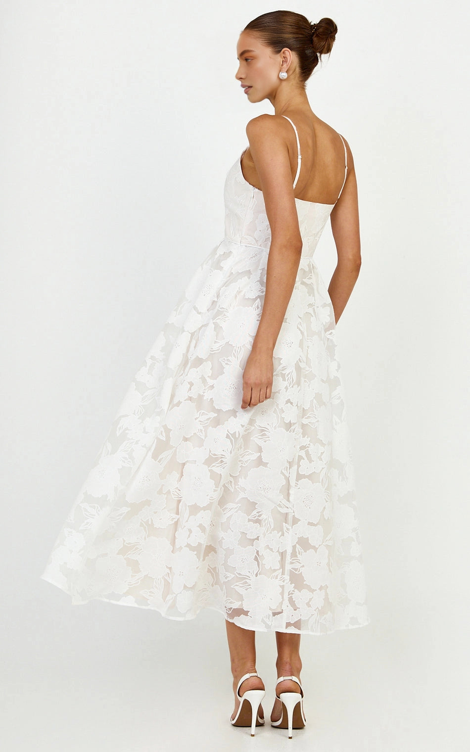 Roselledress spaghetti strap formal dress plus size plain open back floral midi white bridal shower dress back view