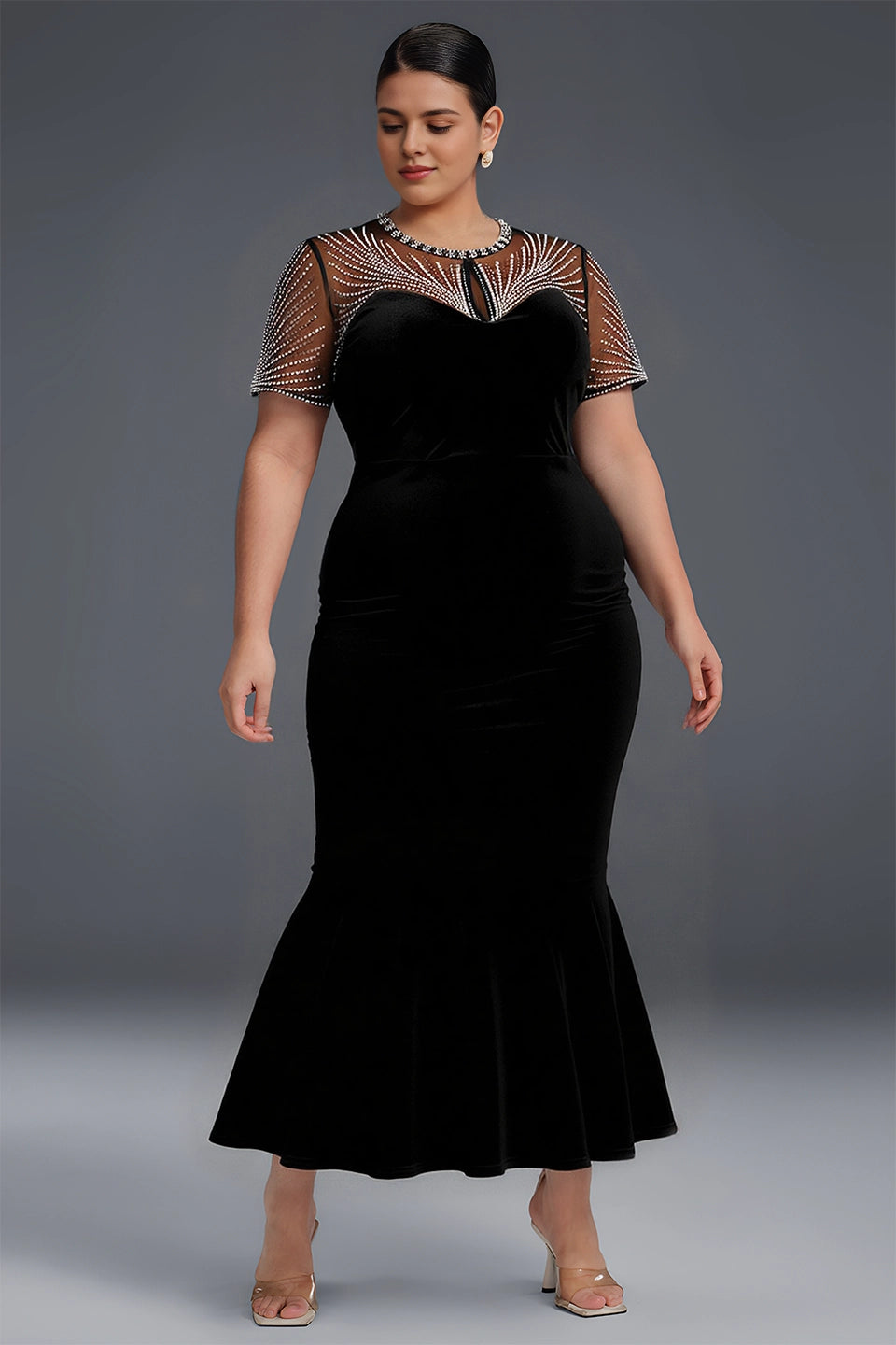 Plus Size Black Mermaid Keyhole‑Neck Short‑Sleeve Sheer‑Back Ankle‑Length Prom Dress