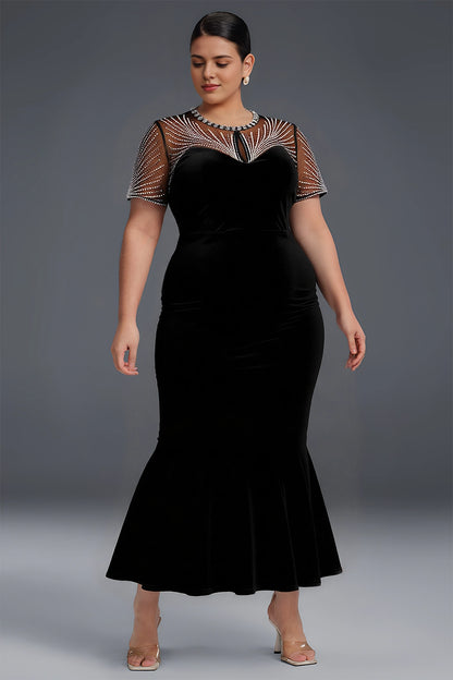 Plus Size Black Mermaid Keyhole‑Neck Short‑Sleeve Sheer‑Back Ankle‑Length Prom Dress