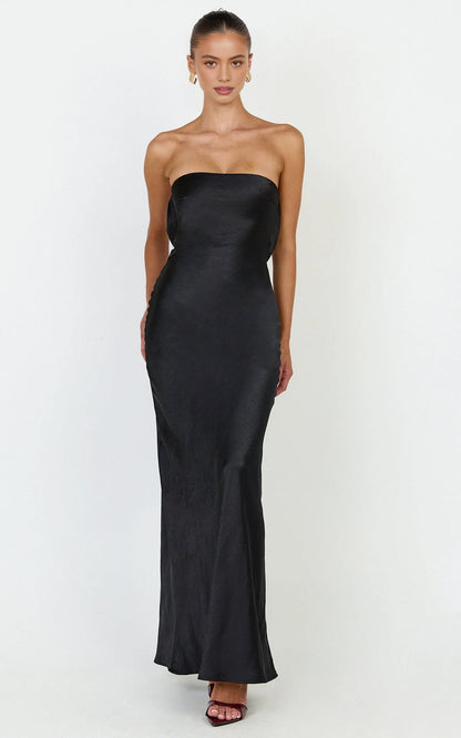 Strapless Cowl Back Button Detail Satin Bodycon Plus Size Wedding Guest Dress