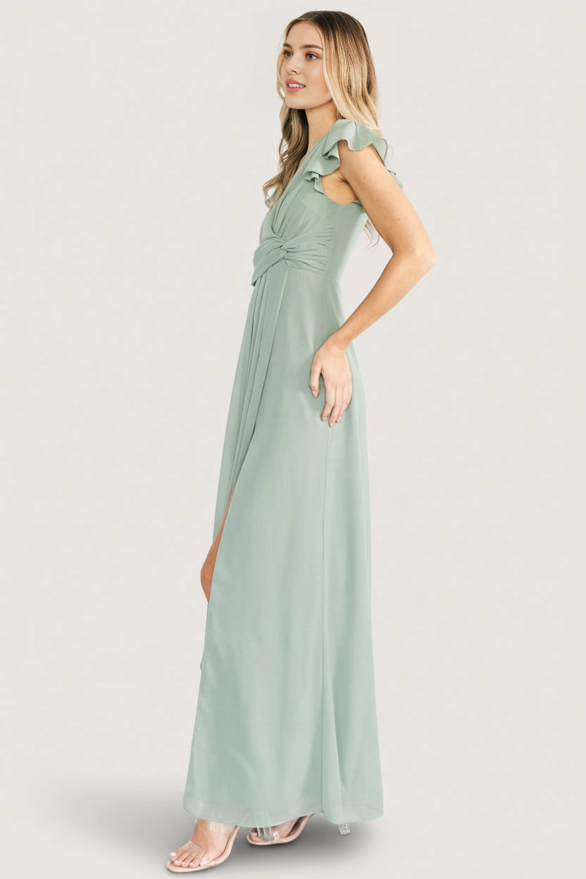 Elegant A-Line V-Neck Ruffle-Sleeve Zipper-Back Floor-Length Mother Of Bride Dress