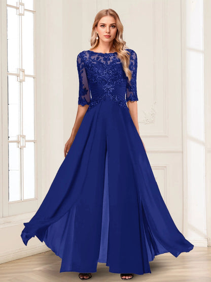 Luxury Jumpsuit Boat Neck 3/4 Sleeve Illusion Back Long Mother Of Bride Dress