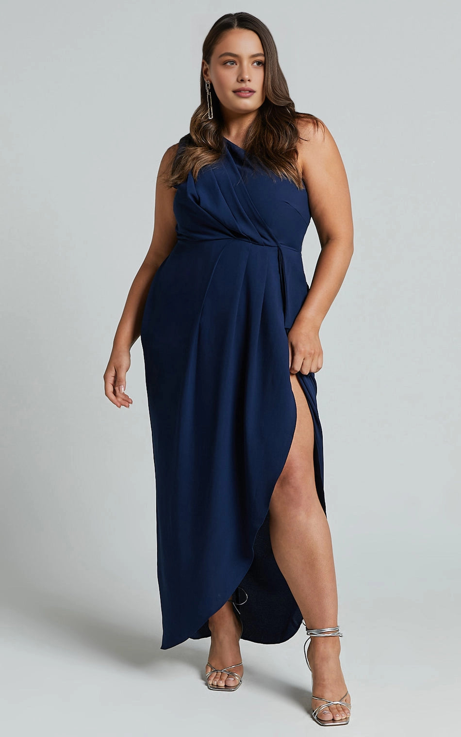 Elegant Wrap One Shoulder Plain Back Ruched Side Slit Plus Size Maxi Formal Wedding Guest Dress