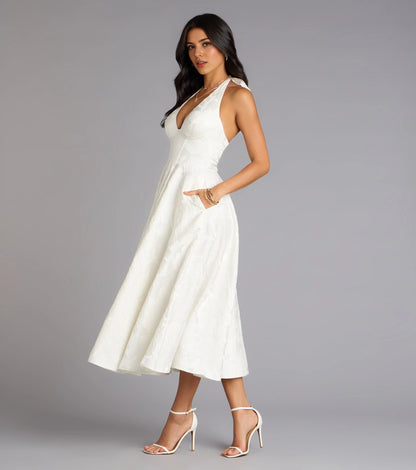 Roselledress Soft A-Line Halter V Neck Lace-Up-Back Midi Tea Length Plus Size Prom Dress