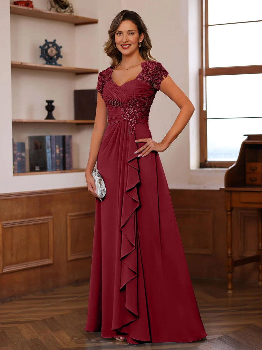 Romantic A-Line Sweetheart Neck Cap-Sleeve Closed-Back Floor-Length Mother of the Bride Dresses
