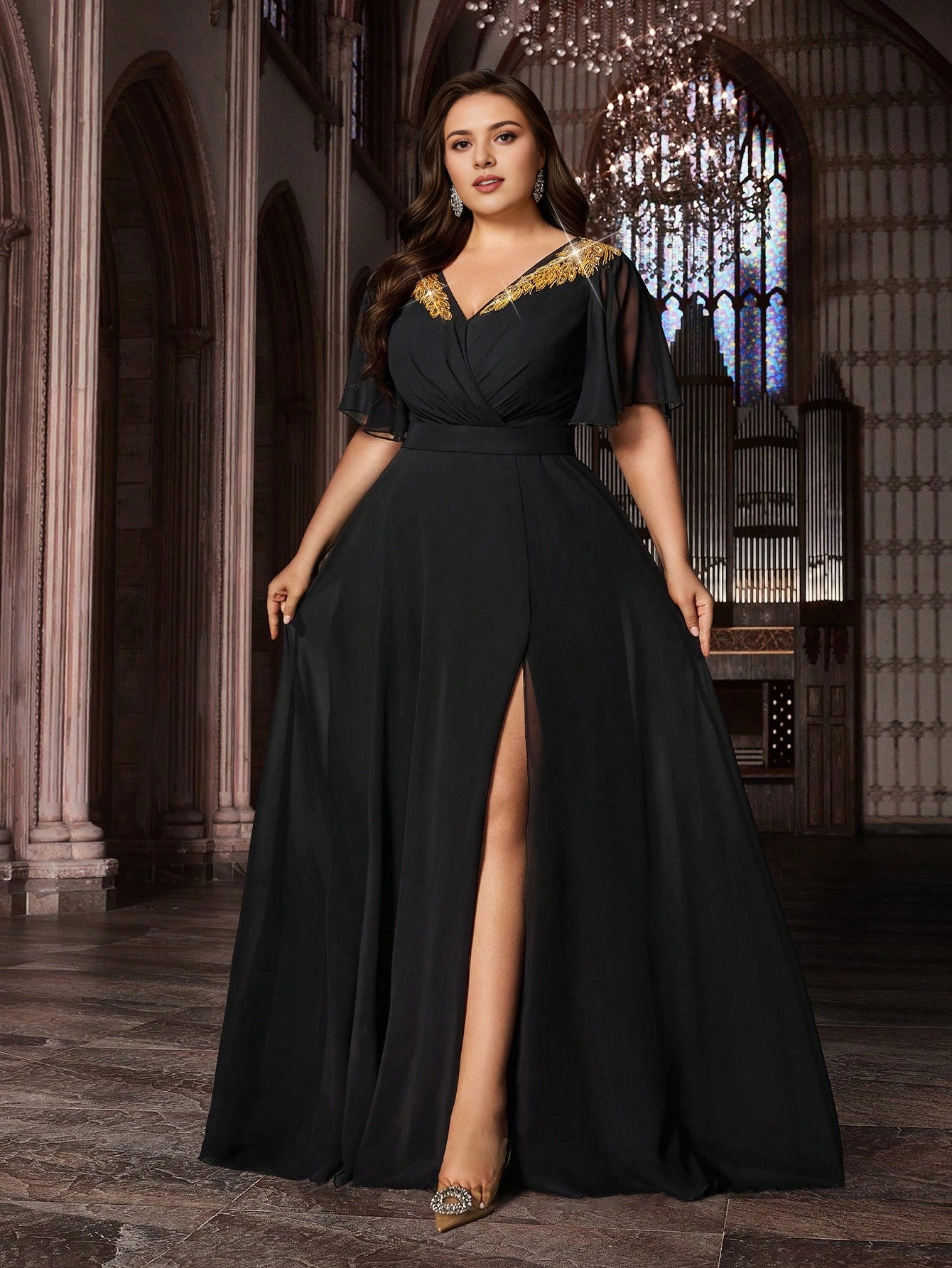 Black Plus Size A‑Line V‑Neck Flare‑Chiffon‑Sleeve Solid‑Back Floor‑Length Prom Dress