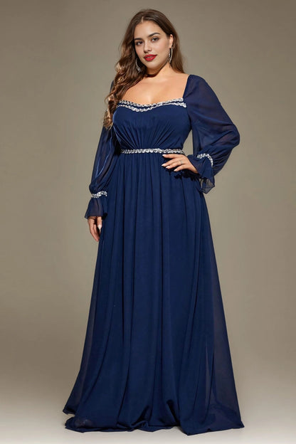 Olive Green Plus Size A-Line Square Long Sleeve Criss Cross Back Long Prom Dress