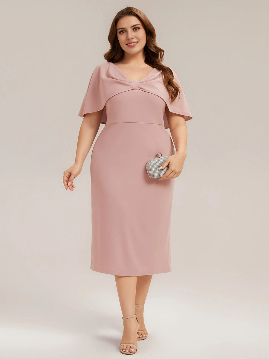 Roselledress Sky Blue Wrap V-Neck Cap Sleeve Seam Back Midi Plus Size Weeding Guest Dress