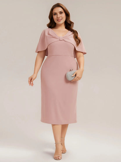 Roselledress Sky Blue Wrap V-Neck Cap Sleeve Seam Back Midi Plus Size Weeding Guest Dress