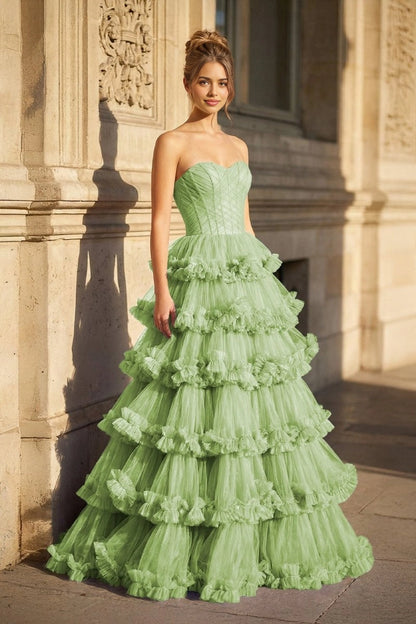 Roselledress Tiered A-Line Sweetheart Strapless Corset Lace-Up Back Ruffle Tulle Plus Size Prom Dress