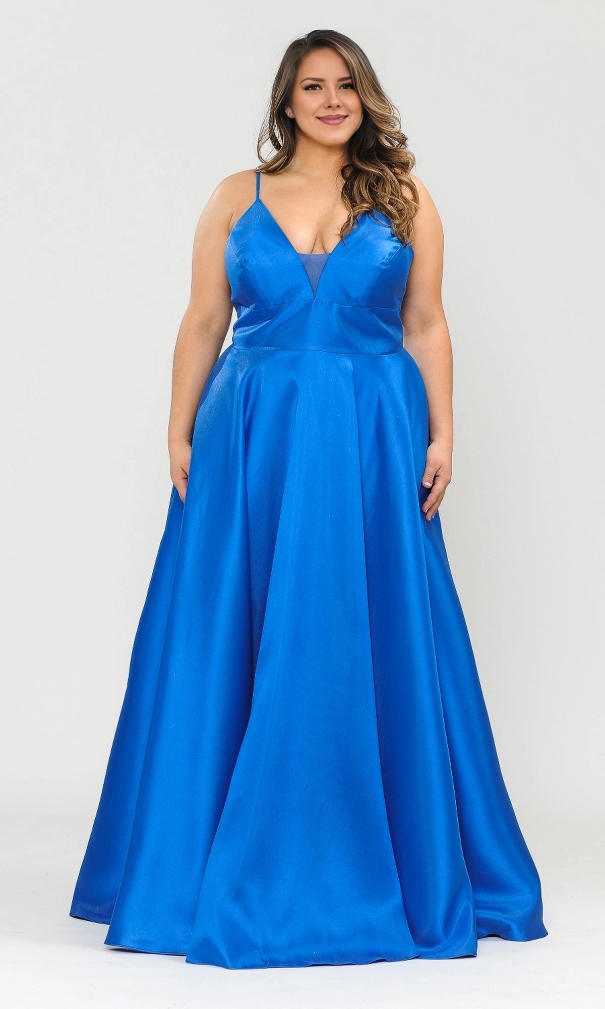 Classic A-Line V-Neck Spaghetti Strap Lace-Up Back Floor Length Plus Size Satin Prom Dress 