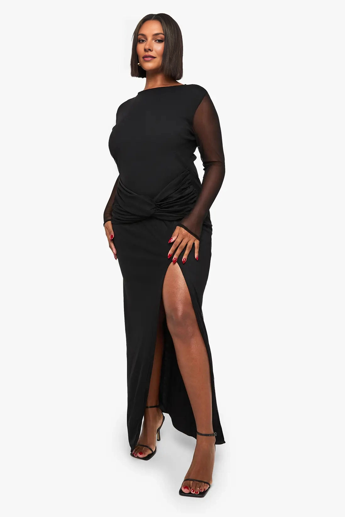 Sleek Sheath Bateau Neck Mesh Long Sleeve Solid Back Maxi Plus Size Wedding Guest Dress