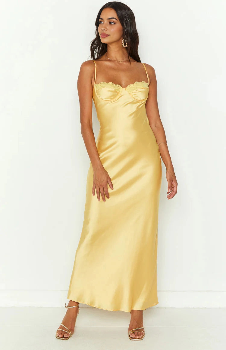 Lemon Yellow Slip Sweetheart Spaghetti Strap Open Back Long Prom Dress