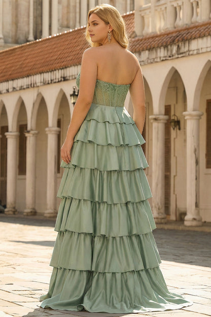dress plus size sage tiered satin formal dress strapless straight back beaded corset evening gown