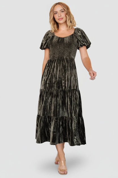 Modest A‑Line Square‑Neck Puff‑Sleeve Smocked‑Back Midi Mother Of The Bride Dress