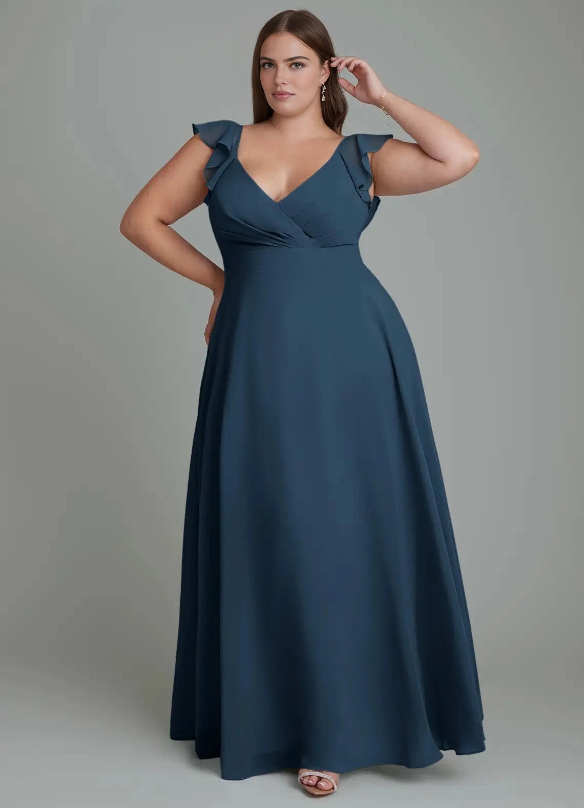 Burgundy Plus Size Chiffon A-Line V-Neck Ruffled Open Back Maxi Bridesmaid Dress