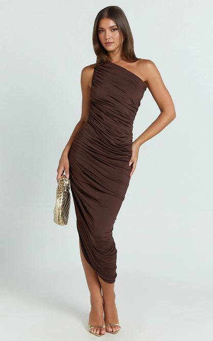 One Shoulder Ruched Asymmetrical Midi Plus Size Wedding Guest Dress