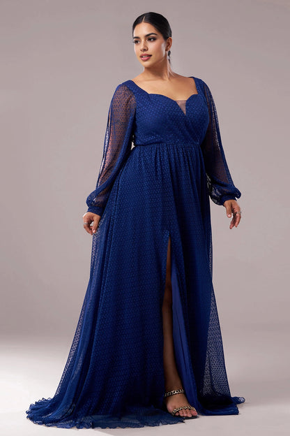Royal Blue Plus Size A-Line Sweetheart Split Sleeve Closed Back Long Prom Dress