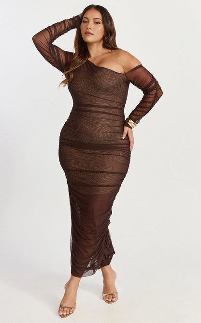 Off Shoulder Mesh Ruched Long Sleeve Midi Plus Size Wedding Guest Dress