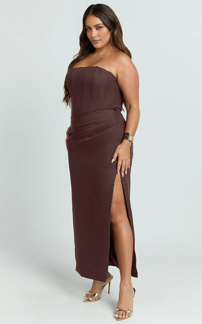 Sleek Sheath Strapless Straight Back Zipper Back Plus Size Corset Slit Midi Prom Dress