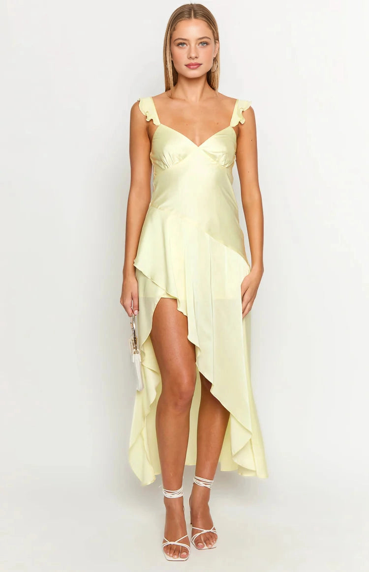Elegant Midi V Ruffle Strap Plain Back Prom Dress