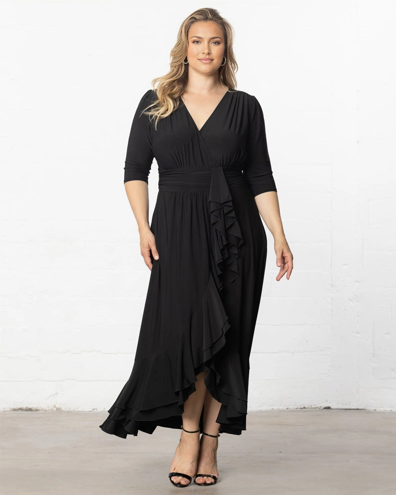 Elegant Wrap V‑Neck 3/4 Sleeve Ruffle‑Hem Floor‑Length Plus Size Wedding Guest Dress
