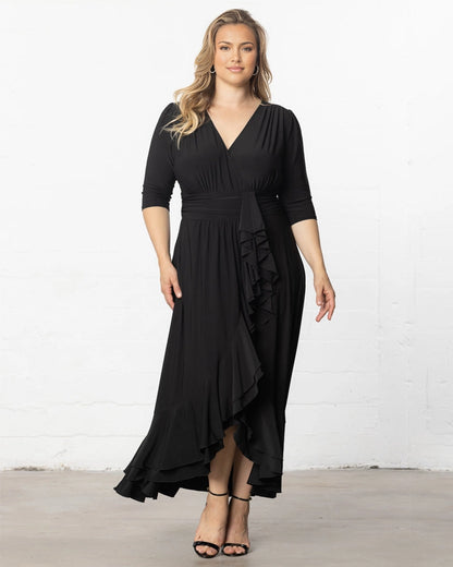Elegant Wrap V‑Neck 3/4 Sleeve Ruffle‑Hem Floor‑Length Plus Size Wedding Guest Dress