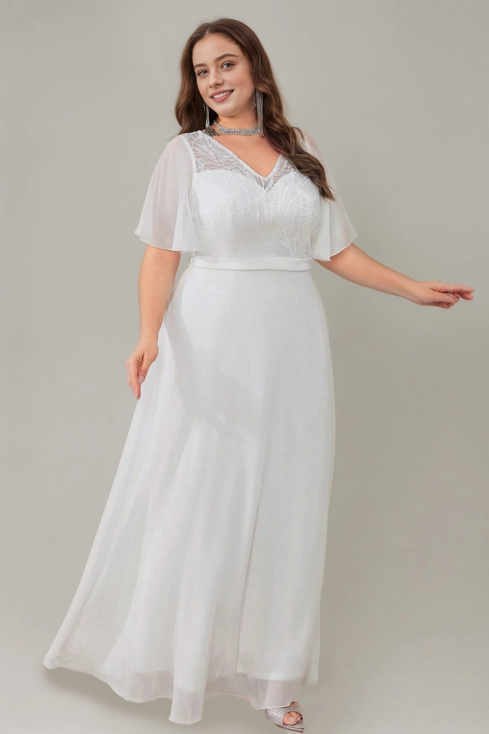 Soft Plus Size A-Line V-Neck Flutter-Sleeve Lace-Back Floor-Length Mother Of Bride Dress