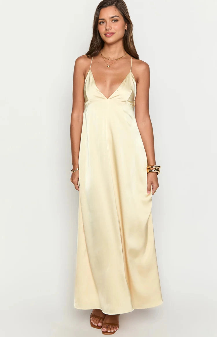 RoselleDress pale yellow satin a line bridesmaid dress v neck spaghetti straps outdoor villa shot