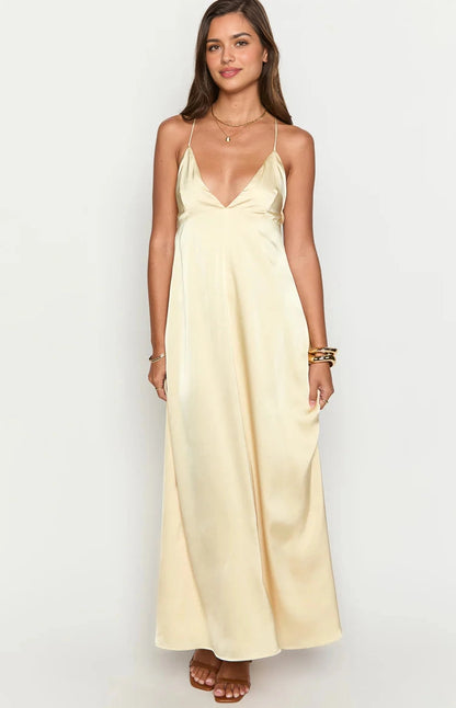 RoselleDress pale yellow satin a line bridesmaid dress v neck spaghetti straps outdoor villa shot
