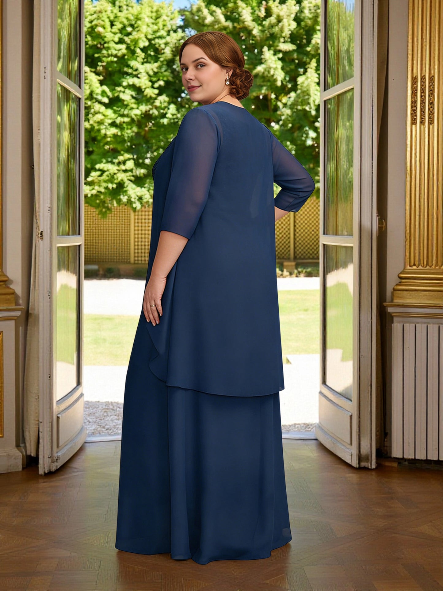 Roselledress two‑piece chiffon formal outfit closed back floor length plus size wedding guest dress with jacket back view