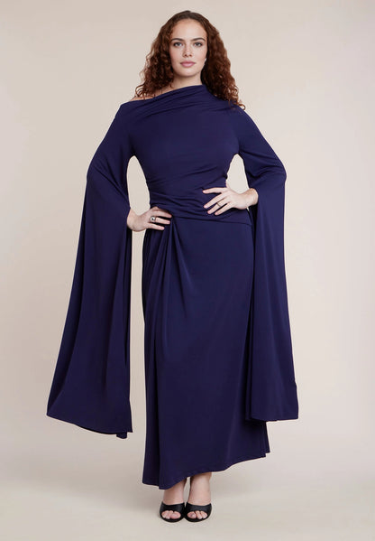 Roselledress Glamorous Column Asymmetric Cold Shoulder Cape Sleeve Zip‑Back Maxi Plus Size Wedding Guest Dress