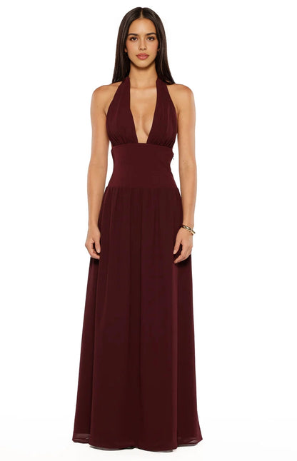 RoselleDress burgundy chiffon halter bridesmaid gown plunging v-neck a-line floor length formal dress