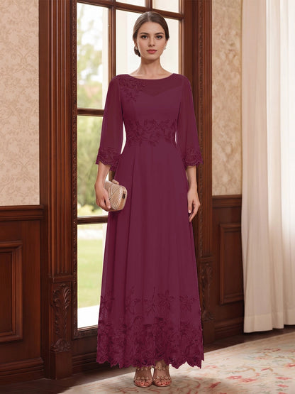 Elegant A Line Round 3/4 Sleeve Illusion Back Lace Long Mother Of Bride Dress