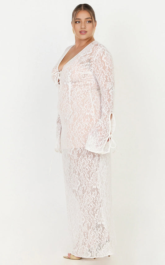 Roselledress floral lace plus size wedding guest maxi dress side view, tie cuff long sleeve elegant party dress