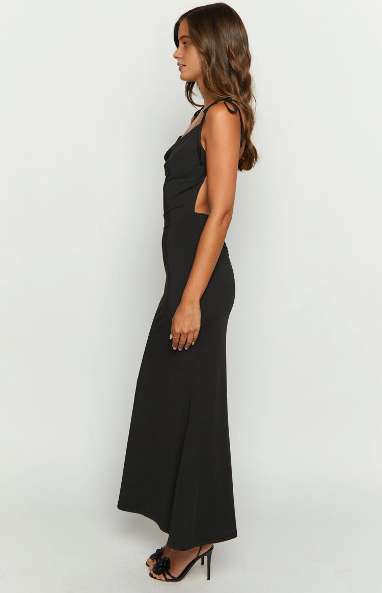Black Mermaid Cowl Neck Tie Strap Plain Back Long Prom Dress