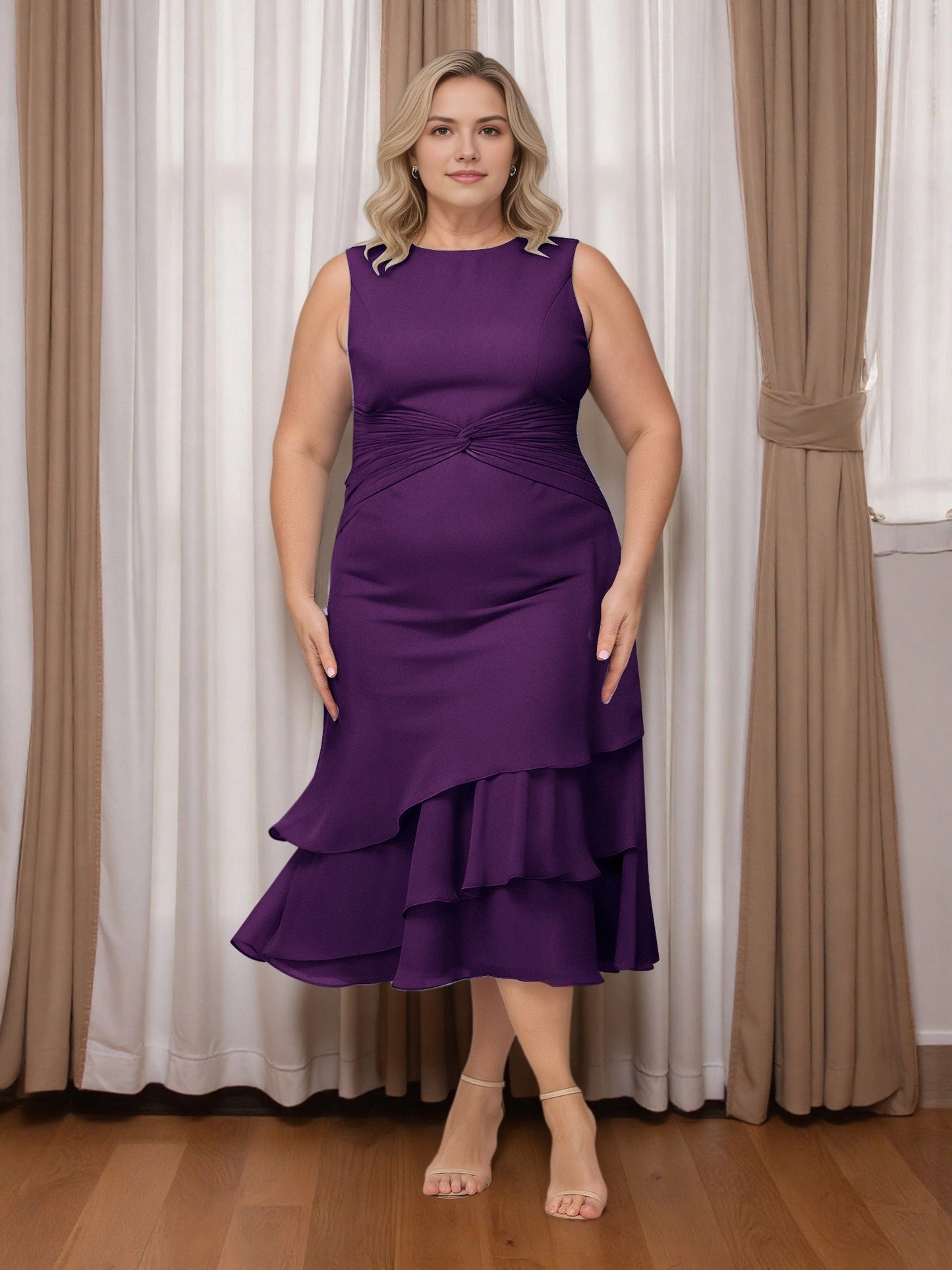 Modest Sheath Crew‑Neck Sleeveless Closed‑Back Tea‑Length Plus Size Mother Of Bride Dress