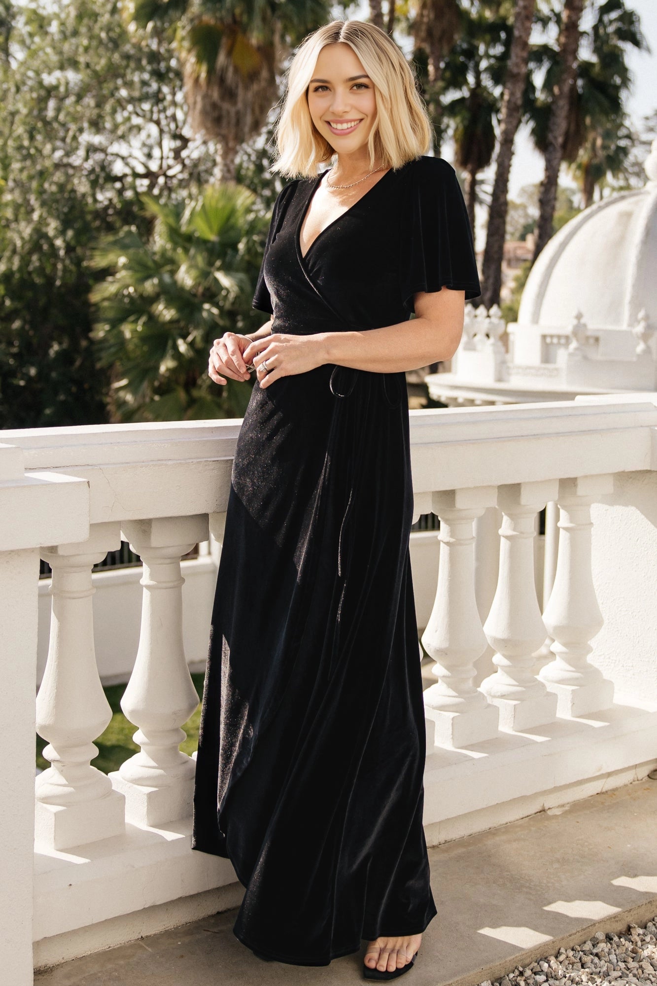 Soft A‑line V‑Neck Flutter Sleeve Closed‑Back Maxi Mother Of Bride Dress