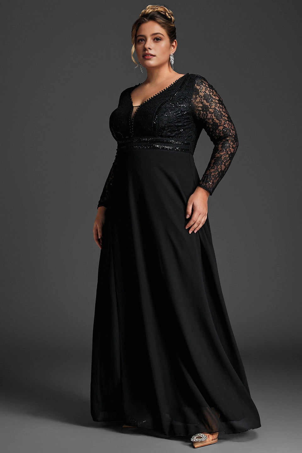 Glamorous A-Line Deep-V Long-Sleeve Solid-Back Slit Floor-Length Plus Size Mother Of Bride Dress